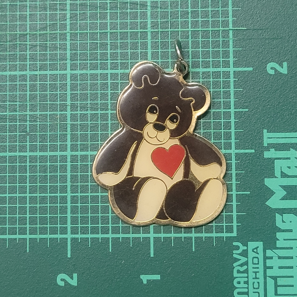 Vintage Teddy Bear with Red Heart - Metal Keychain, Made By Gift Creations - 80s